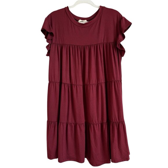 Entro Women’s Tiered Merlot Babydoll Ruffle Short Sleeve Mini Dress Size Small - Picture 1 of 12